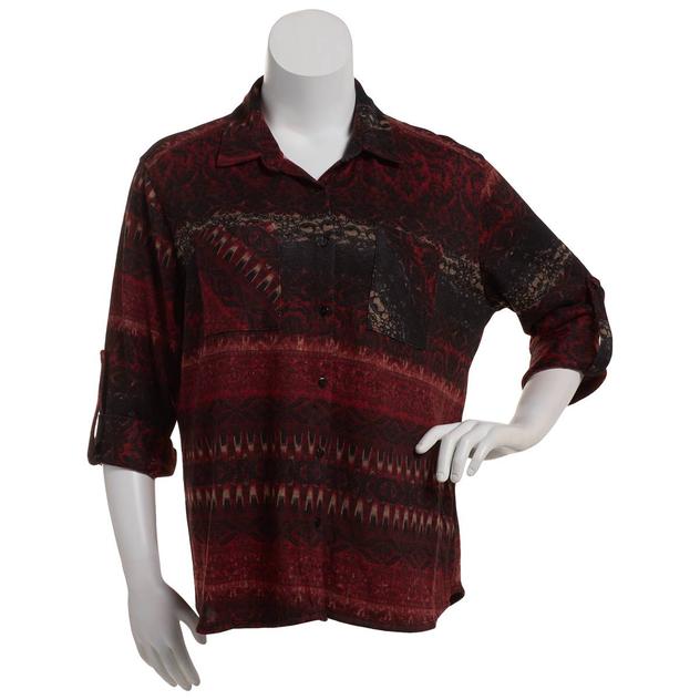 Plus Size NY Collection Roll Tab Fair Isle Casual Button Down