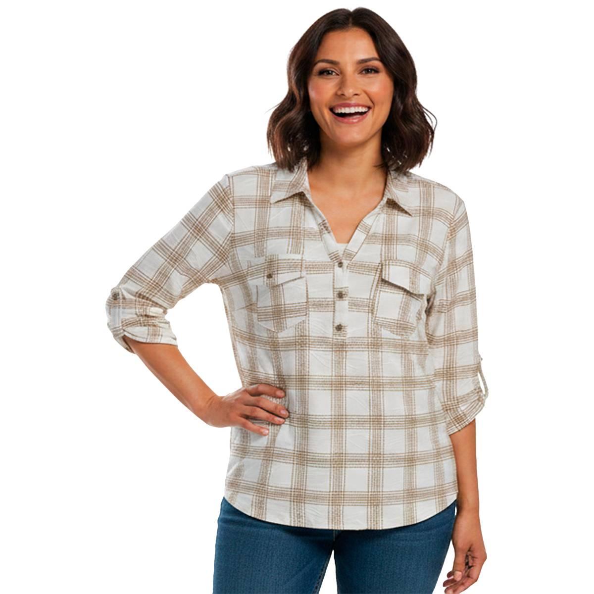 Petite Emily Daniels 3/4 Roll Tab Sleeve Plaid Pocket Blouse