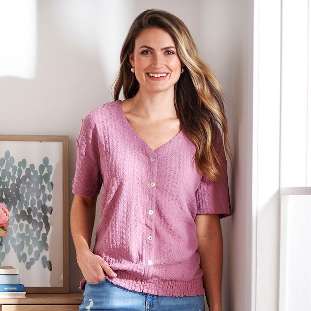 Womens Absolutely Famous Short Sleeve Eyelet Smocked Hem Blouse
