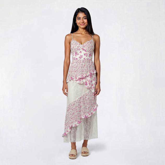 Juniors Trixxi Floral Milan Lace Mix Media Ruffle Trim Maxi Dress