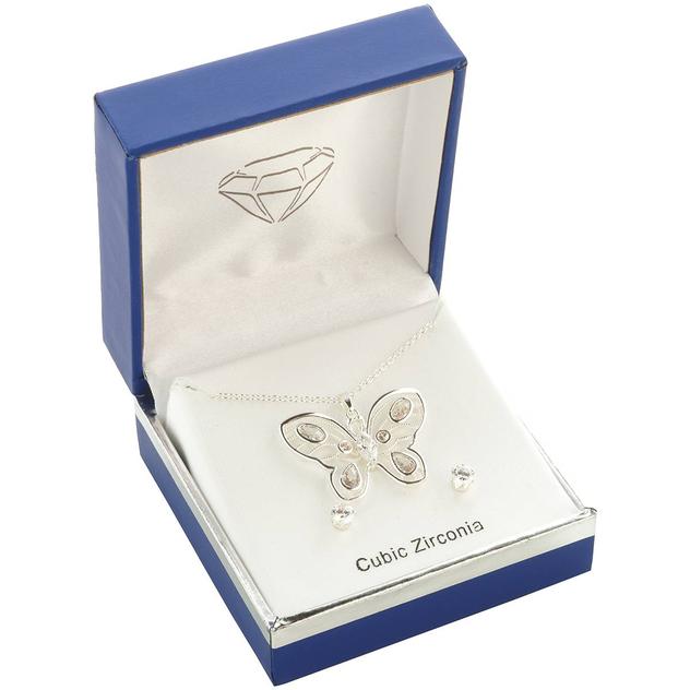 Silver-Tone CZ Butterfly Pendant & Earring Set