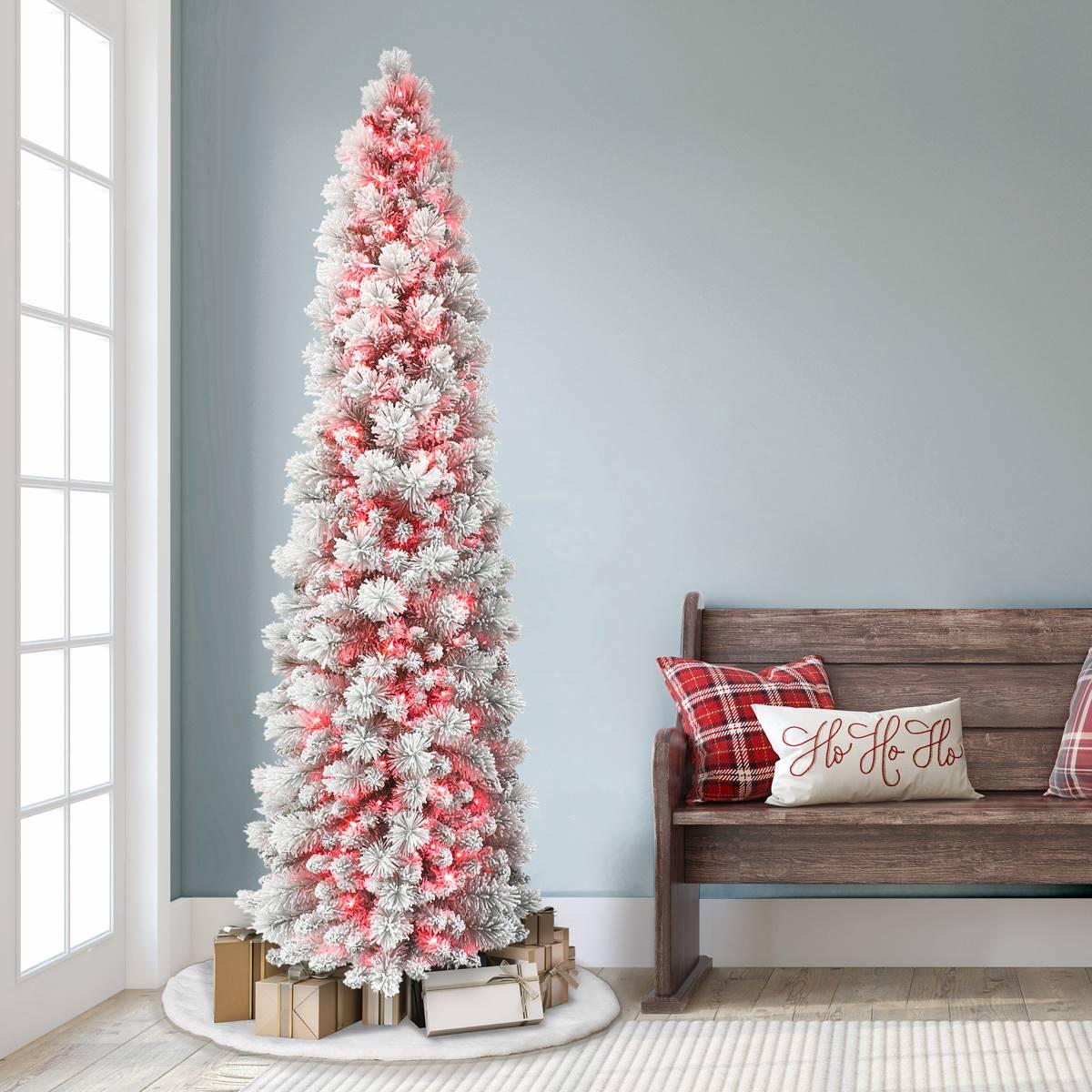 Puleo International 7.5ft. Red Pre-Lit Flocked Christmas Tree