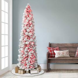 Puleo International 7.5ft. Red Pre-Lit Flocked Christmas Tree