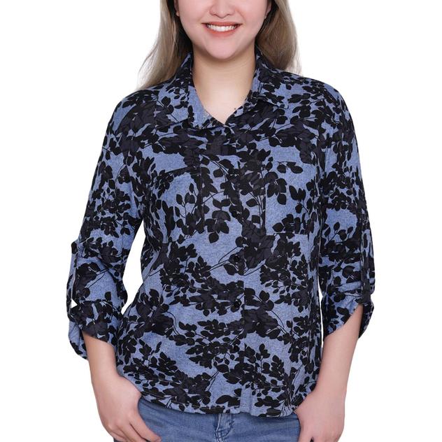 Plus Size NY Collection Roll Tab Floral Button Down