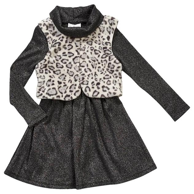 Girls (7-16) Rare Editions Long Sleeve Dress & Leopard Fur Vest