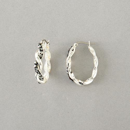 Silver Plated Brass Black Crystal Twist Hoop Earrings