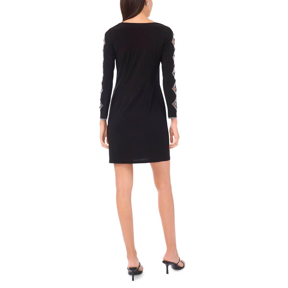 Plus Size MSK Cutout Long Sleeve Rhinestone Surplice A-Line Dress