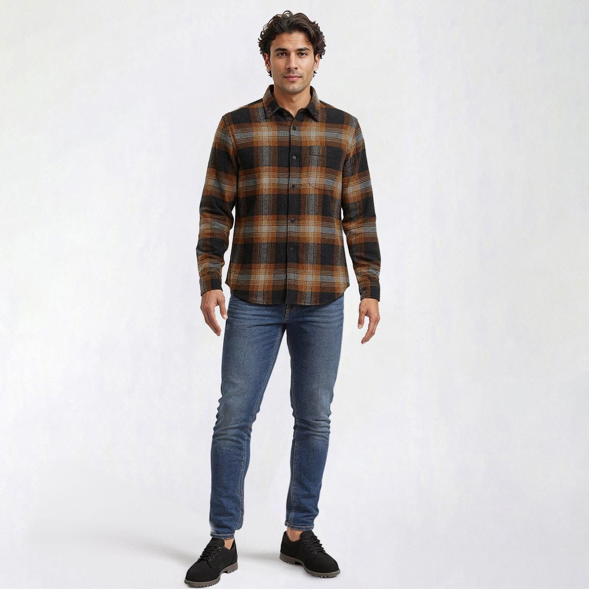 Mens Jackson Hole Long Sleeve Flannel Shirt - Rust/Navy