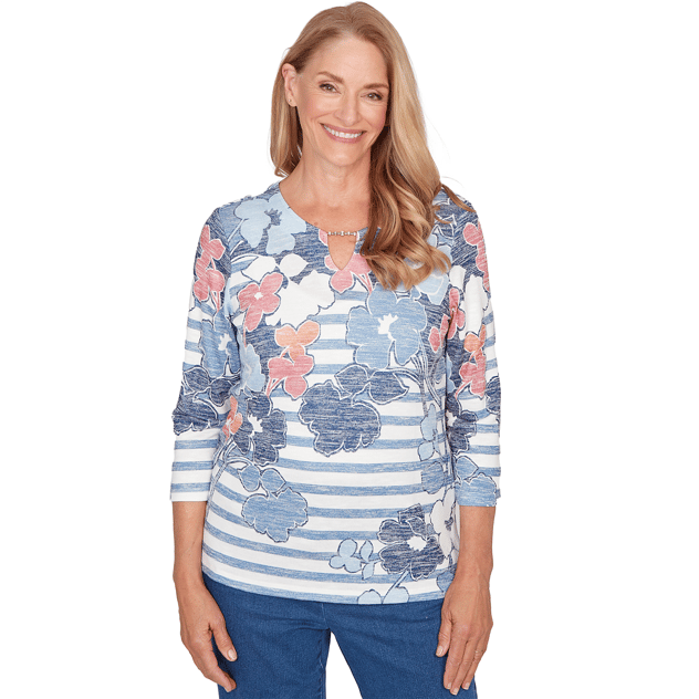 Petite Alfred Dunner Austin Stripe Floral Keyhole Neck Blouse