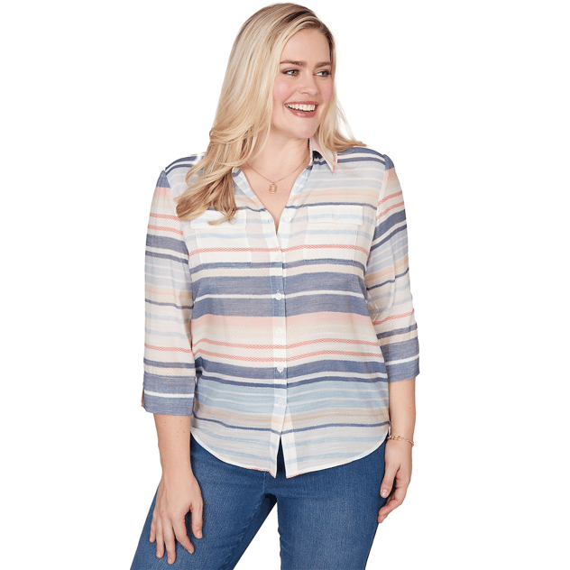 Womens Alfred Dunner Port Side Stripe Button Front Blouse