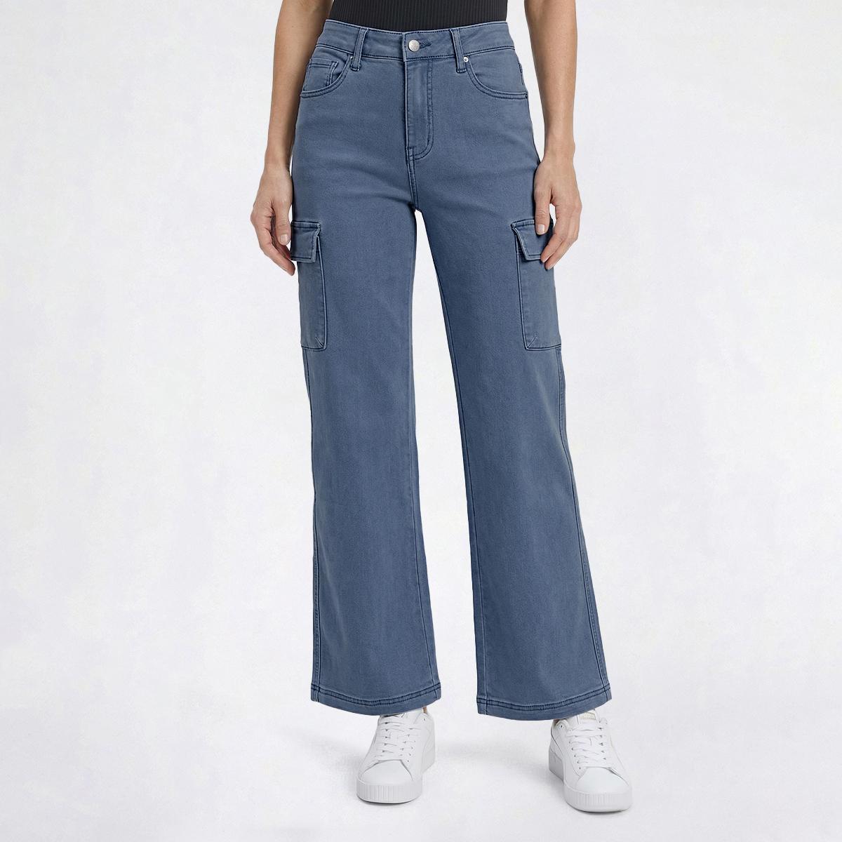 Womens Bleu Denim Wide Leg Cargo Pockets Jeans