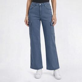 Womens Bleu Denim Wide Leg Cargo Pockets Jeans