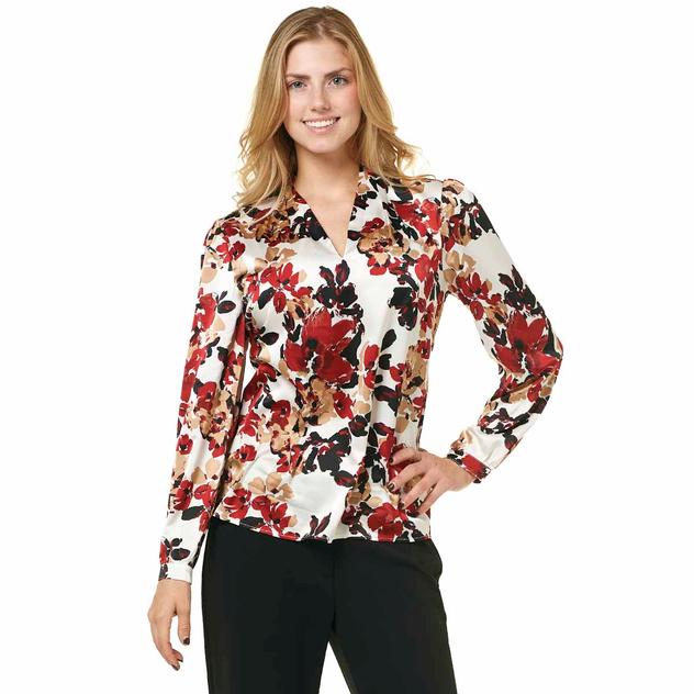 Womens Kasper Long Sleeve V Neck Floral Satin Blouse