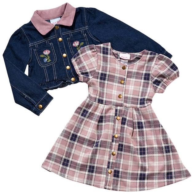 Toddler Girl Little Lass® Plaid Dress with Denim Jacket Set