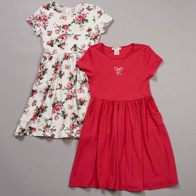 Girls (7-12) Emma & Elsa 2pk. Short Sleeve Floral & Bow Dress