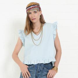 Womens MNK Ruffle Sleeve V Neck Denim Blouse