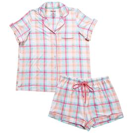 Juniors Pillow Talk Short Sleeve Plaid Short Pajama Set