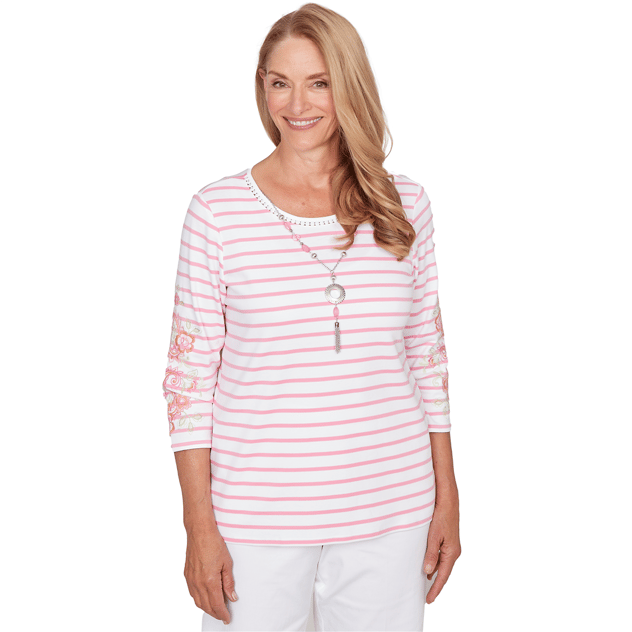 Petite Alfred Dunner Classics 3/4 Floral Sleeve Stripe Blouse