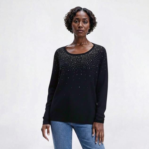 Womens Cable & Gauge Long Sleeve Rhinestone Round Neck Sweater