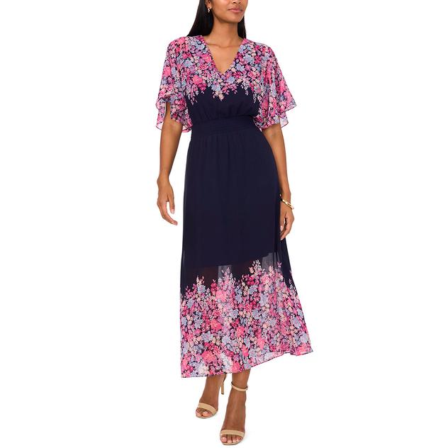 Petite MSK Floral Flutter Sleeve V Neck Smock Waist Midi Dress