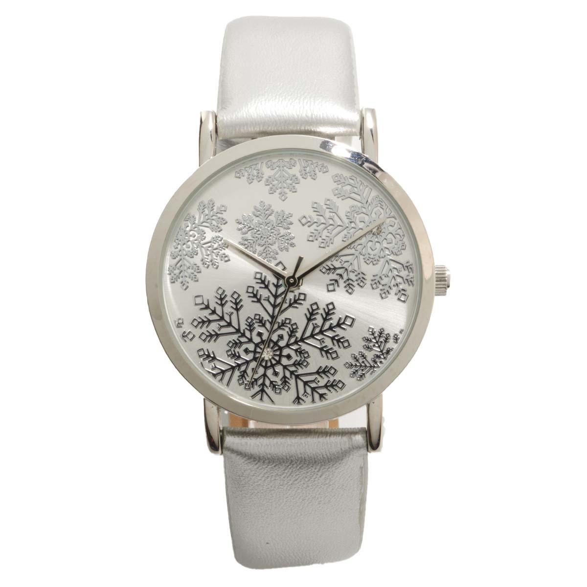 Silver-Tone Snowflake Patterned Dial Silver Strap Watch - PT10186