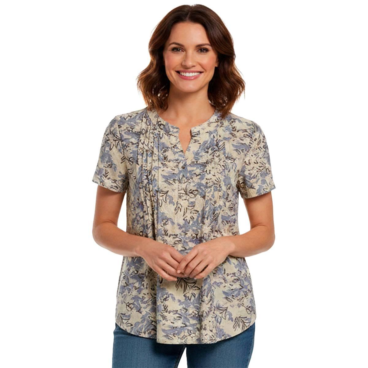 Womens Notations Short Sleeve Floral Split Neck Pleated Blouse