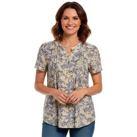 Womens Notations Short Sleeve Floral Split Neck Pleated Blouse