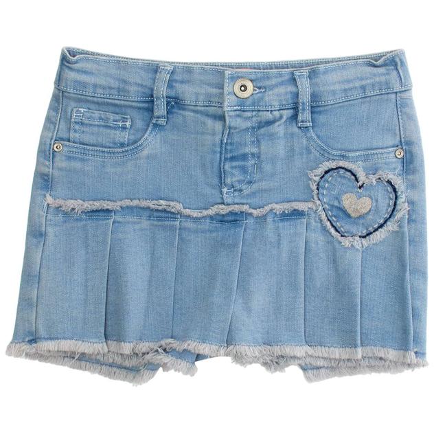 Girls (7-12) Squeeze Pleated Heart Patch Frayed Hem Skort