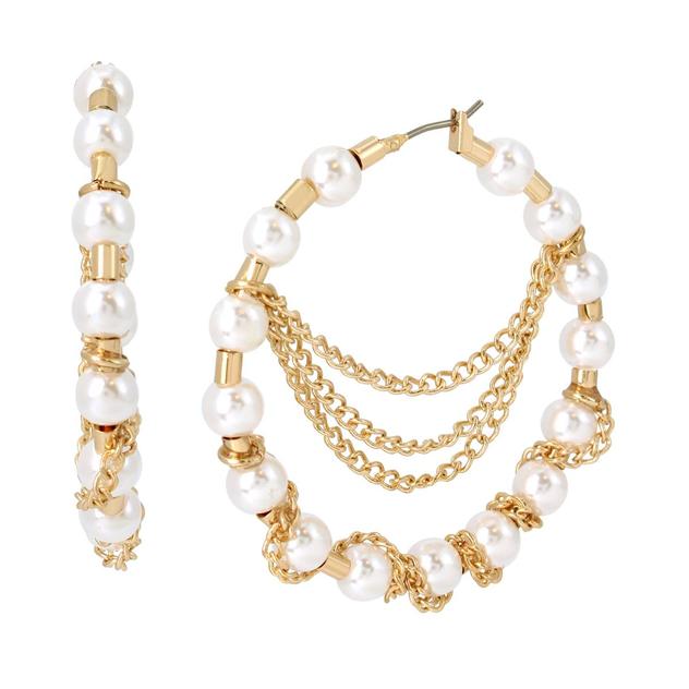 Steve Madden Pearl Hoop Earrings w/ Woven Swag Chains