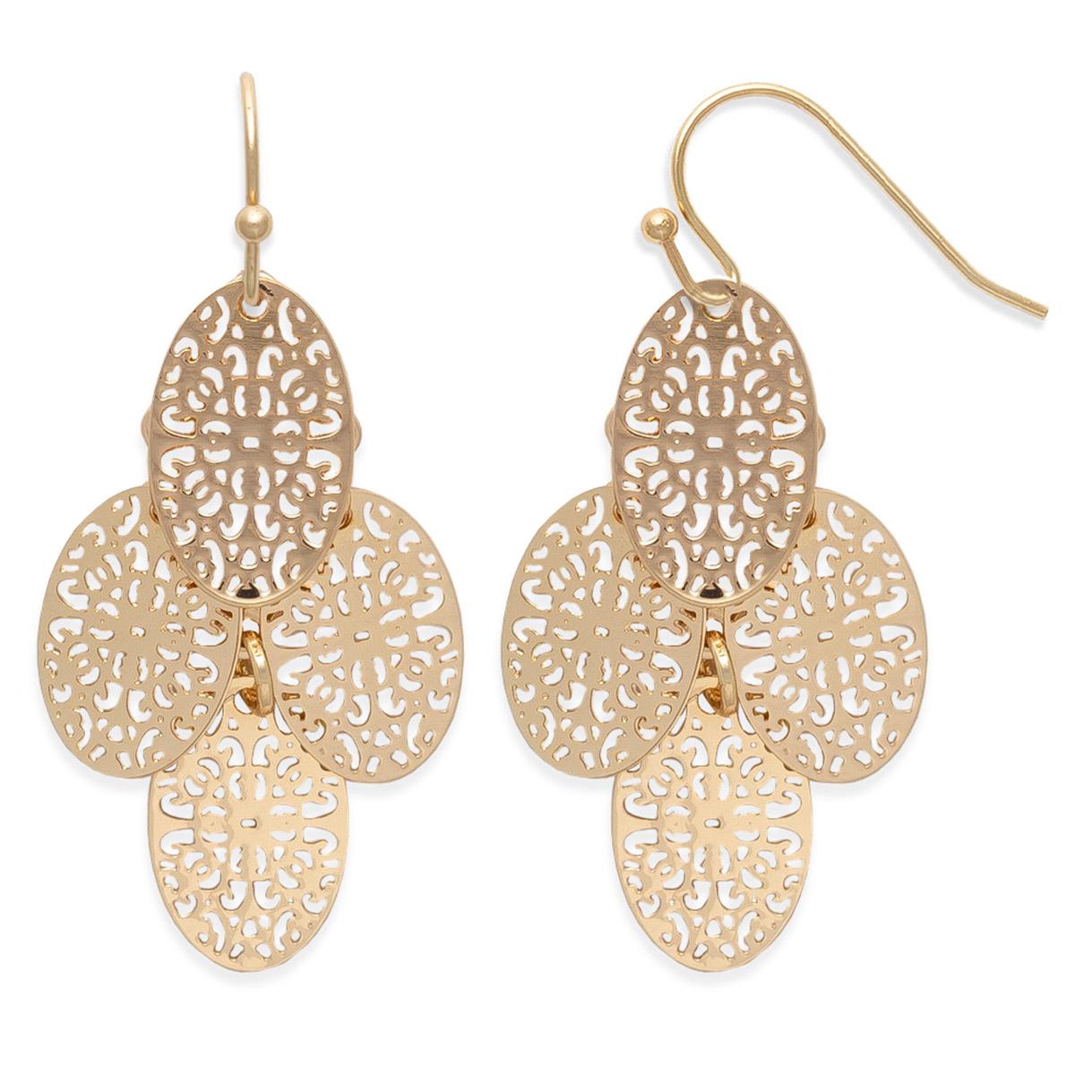 Freedom Gold-Tone 4 Filigree Oval Fishhook Drops Earrings