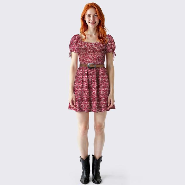 Juniors Wallflower Challis Smock Bodice Skater Dress with Belt