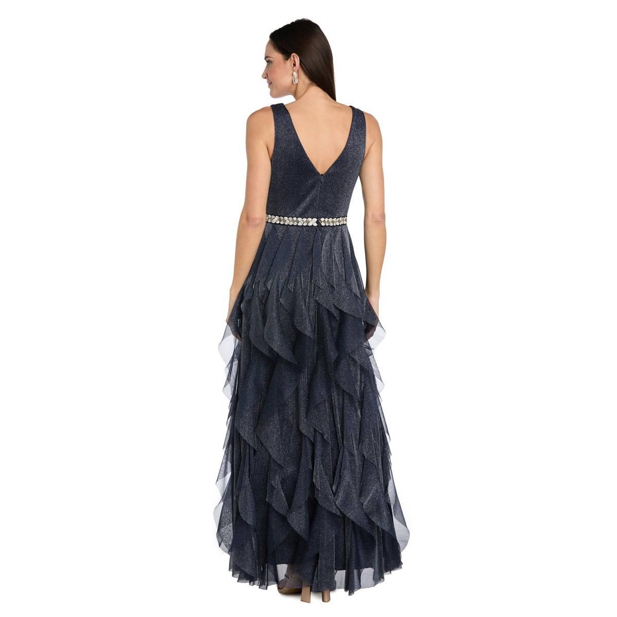 Womens R&M Richards Sleeveless Beaded Trim Waist Ruffle Gown