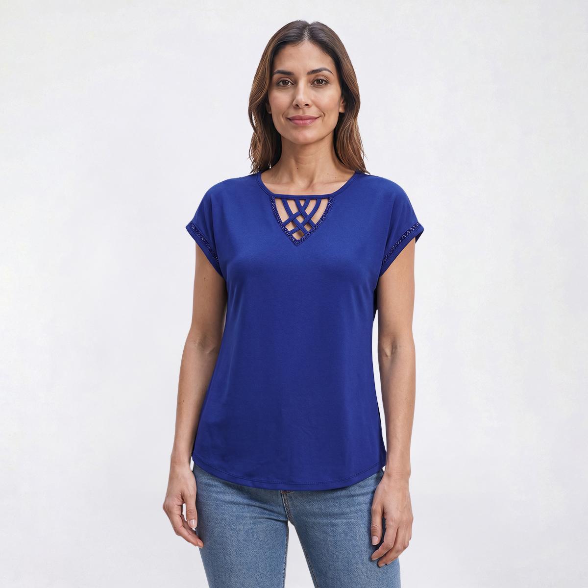 Womens Love Scarlet Cap Sleeve Crisscross Keyhole Neck Blouse
