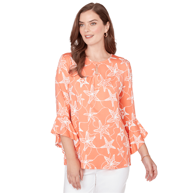 Womens Ruby Rd. Seas The Day Flutter Sleeve Starfish Blouse