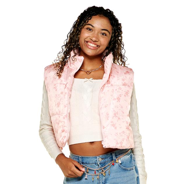 Juniors No Comment Reversable Floral to Solid Puffer Vest