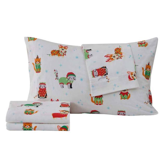 Freshfolds Cotton Dog and Cat Christmas 4pc. Flannel Sheet Set