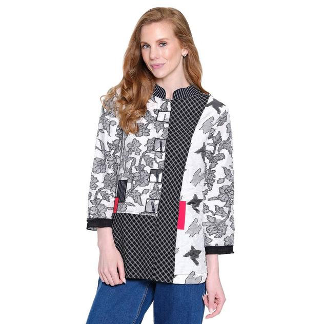 Womens Ali Miles 3/4 Sleeve Patch Checkered Floral Blouse