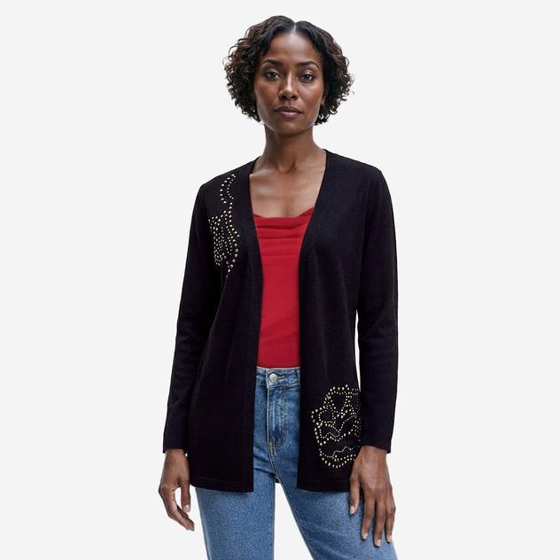 Womens Kasper Long Sleeve Rhinestone Embellishment Cardigan-Black