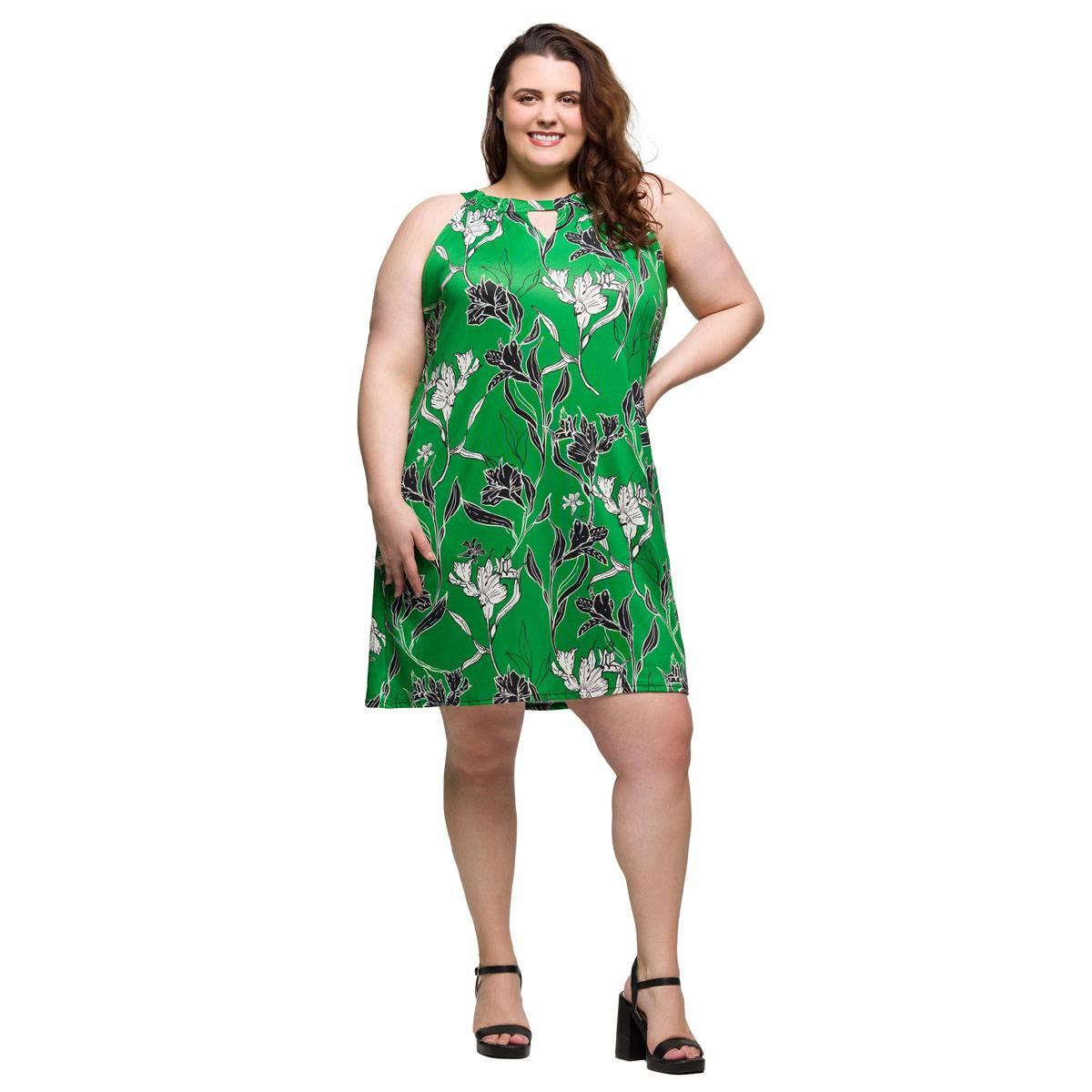 Plus Size 24/7 Comfort Apparel Green Floral Keyhole Dress