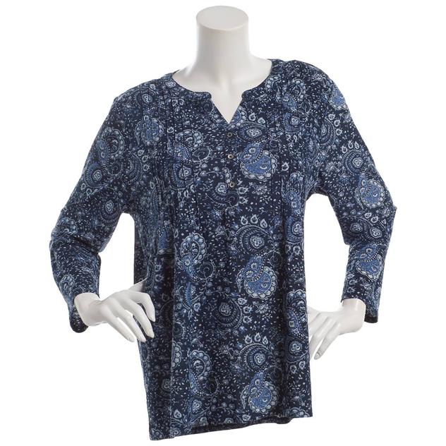 Petite Napa Valley 3/4 Sleeve Paisley Pleat Henley Blouse