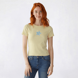 Juniors No Comment Beaded Applique Baby Tee - Anise Flower
