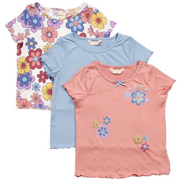 Girls (7-12) Bkind 3pk. Short Sleeve Flower Glitter Tees