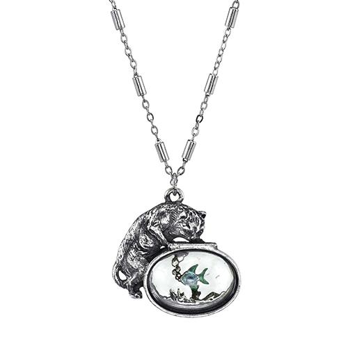 1928 Cat with Blue Enamel Fish in Glass Fishbowl Necklace