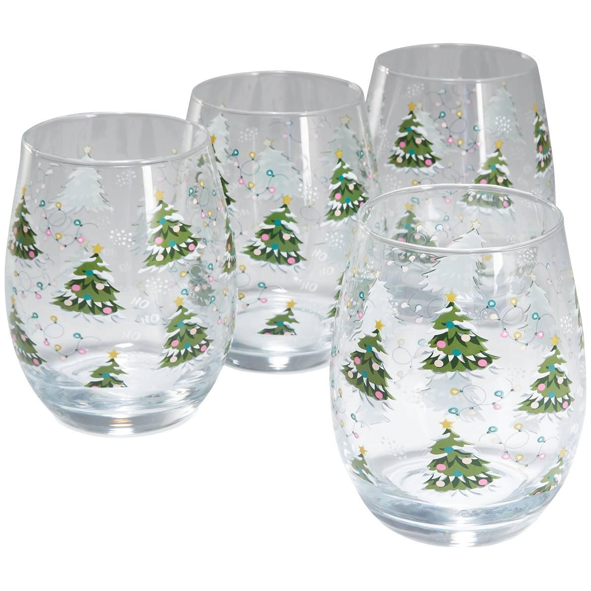 Home Essentials Christmas Tree Stemless Wine Glasses - Set of 4