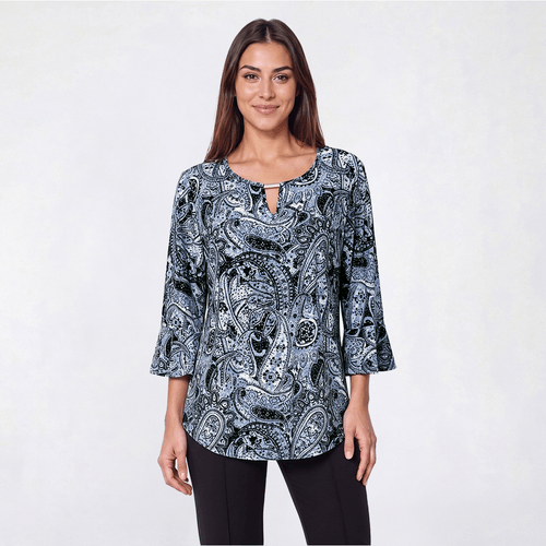 Womens Notations 3/4 Ruffle Sleeve Paisley Keyhole Neck Blouse