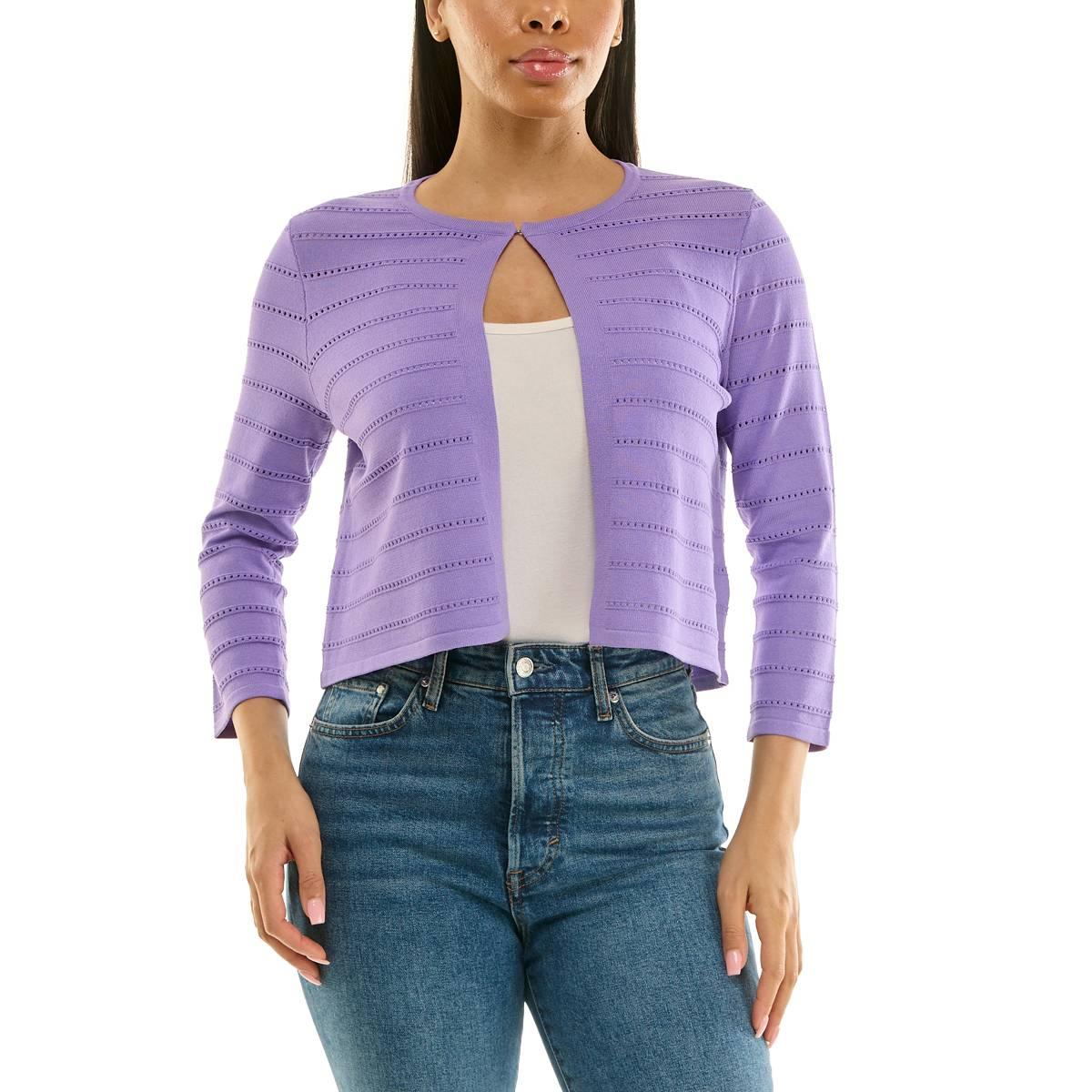 Womens Nina Leonard 3/4 Sleeve Pointelle Stitch Bolero Shrug