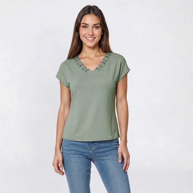 Womens 89th & Madison Short Sleeve Faux Lace Neck Blouse