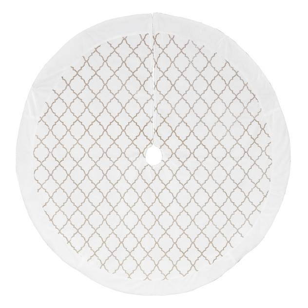 56in. Ivory Velvet Tree Skirt with Gold Glitter Quatrefoil Design
