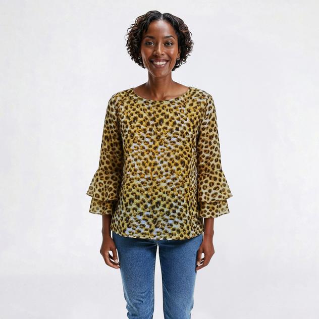 Womens Kasper 3/4 Tier Bell Ruffle Sleeve Leopard Blouse