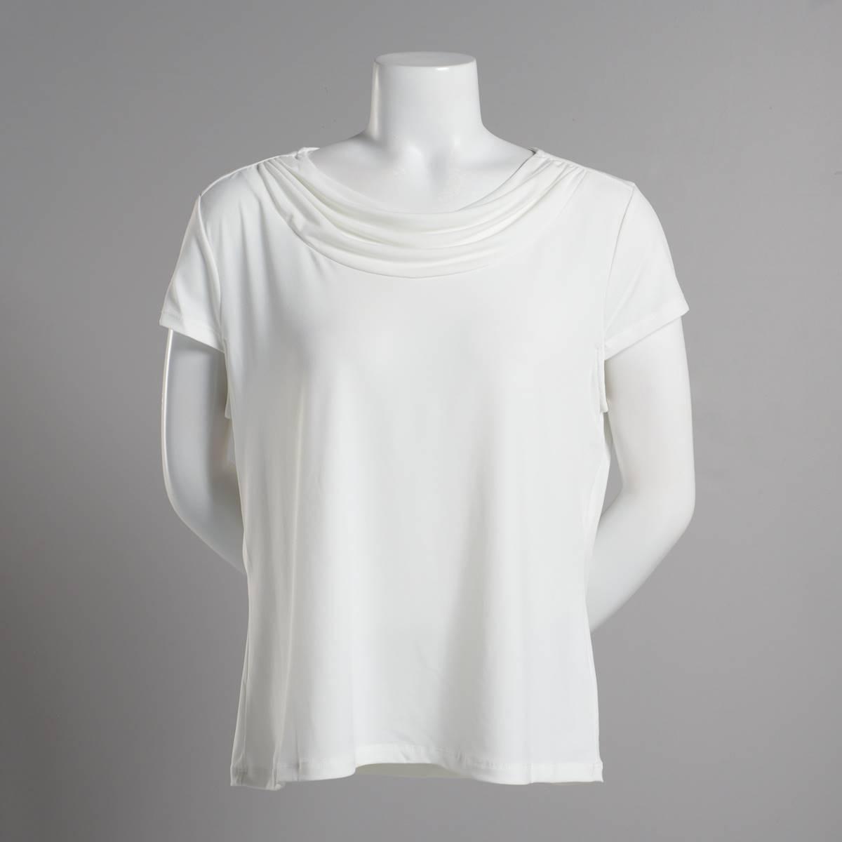 Petite Kasper Solid Short Sleeve Drape Neck Blouse